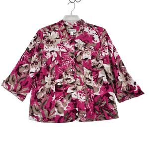 Christopher Banks Blazer Jacket Size XL Linen Blend Pink Brown Floral Button Up